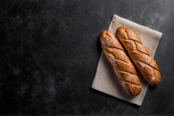 bread on a table, two freshly baked loaves, freshly baked bread on top of a tea towel on a black stone table