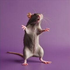 mouse standing on hind legs shrug hug gesture, isolated on plain purple studio background, made with