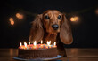 Generative AI image of a dachshund wiener dog with a birthday cake