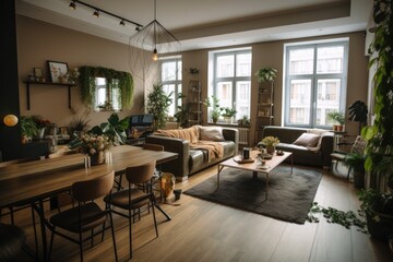 Wall Mural - Open, fashionable living and dining area with a sofa and a dining table. Room with lots of plants, dark wooden parquet, rug, and lots of natural light. High quality generative AI