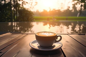 hot latte art coffee on wood table, relax time, Made by AI,Artificial intelligence