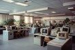 1980s styled office interior. Vintage computers and desks, lots of plants. Nobody. Generative AI