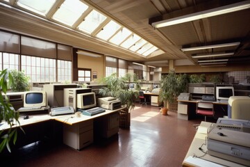 1980s styled office interior. Vintage computers and desks, lots of plants. Nobody. Generative AI