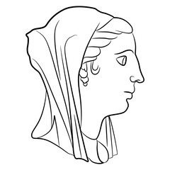 Head of antique woman in a veil. Portrait of Egyptian Ptolemaic queen Berenice II Euergetis. Black and white linear silhouette.