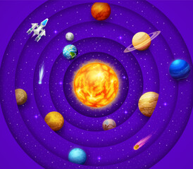 Poster - Paper cut space solar system cartoon planets and stars of universe galaxy. Vector Sun, Earth, Jupiter and Saturn, Mars, Mercury, Moon, Venus and Pluto on starry sky with 3d round layered origami frame