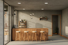 Beautiful Modern Loft Kitchen Or Snacks Bar Interior Design With Wooden Counter Bar