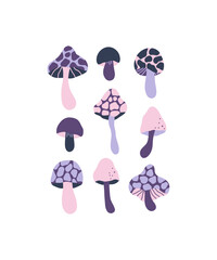 Wall Mural - Fairy mushrooms vector poster. Cartoon fungi fly agaric, amanita, toadstool illustration isolated on white. Hand drawn whimsical fantasy plant for card, t shirt print.