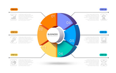 Poster - 3d business infographic vector circle pie chart. Informative diagram for corporate processes analysis and control. Data research and structuration. Visual materials for company report presentation