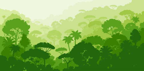 Jungle forest silhouette, tropical vector landscape with exotic flora, palm trees and hills. Rainforest vegetation, plants 2d cartoon wild forest natural parkland. Wildlife environment in green colors