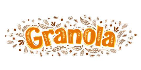 Granola oatmeal cereals label for muesli food or oat breakfast, vector. Granola package background for organic healthy meal or grain muesli and porridge, brown and orange granola lettering