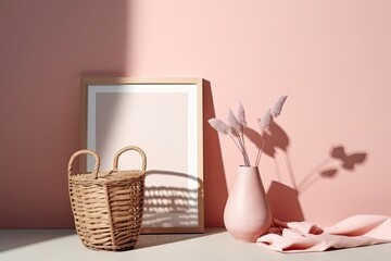 Poster - Modern interior still life with shadows and sunlight. Design mock up of a frame with a paper sheet, a pink vase, a wicker napkin, and stone on a background of pastel colors. Generative AI