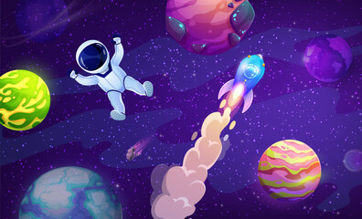 Poster - Rocket launch, cartoon astronaut in outer space and starry galaxy vector landscape. Fantasy rocky planets of alien universe, stars and falling comets, futuristic spaceship and spaceman with helmet