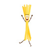 Cartoon bucatini pasta character. Fun-loving vector macaroni personage with cheerful grin. Delicious Italian cuisine kawaii emoticon, cute and delightful dinner emoji, humorous noodle dish of Italy