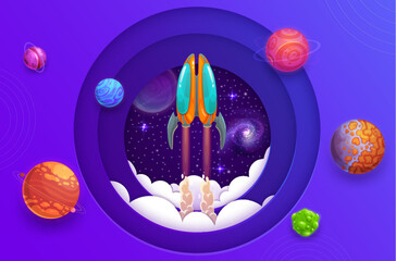 Poster - Space rocket launch. Paper cut space landscape with planets, spaceship and starry galaxy sky in vector 3d round layered origami frame. Fantasy universe galaxy planets and stars double exposure