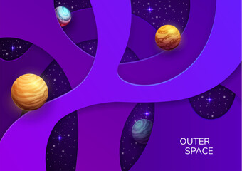 Poster - Space paper cut. Cartoon starry galaxy planets and stars with vector 3d layered geometric shapes. Cutout background of alien universe outer space, fantasy planets and shining comets, astronomy science