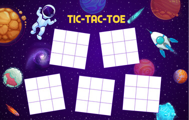 Poster - Tic tac toe worksheet with cartoon astronaut, space planets, rocket and stars, vector board game puzzle or strategy riddle. Universe galaxy starry sky background with tic tac toe game grid templates