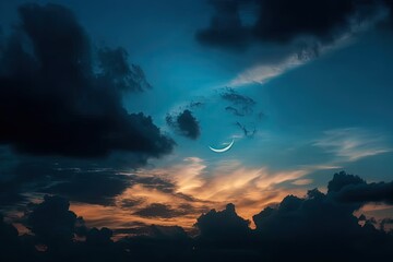 Poster - Islamic Moon sky on Dark Blue Dusk Vertical, Twilight Sky in the Evening with Sunset and Beautiful Sunlight and Crescent moon, symbol of religion at the start of the Ramadan month, Eid al Adha, and Ei