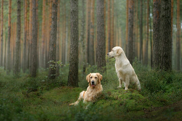 Wall Mural - two dogs in the green forest. Cute pet couple. Golden Retriever in nature
