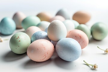 Wall Mural - Pastel colored Easter eggs with a white background. Generative AI