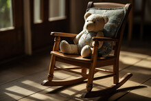 Wooden Rocking Chair With A Teddy Bear. Generative AI.
