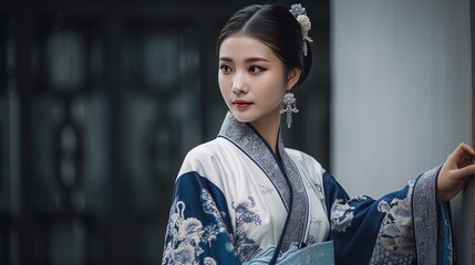 Chinese woman wearing Hanfu, Generative AI
