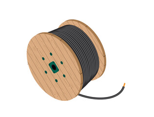 Wooden Coils Of electrical Cable Outdoor. High and low voltage cables on white background.