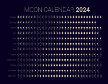 Moon Phase Cycle 2024 Year Astrological Calendar Design Template. Lunar Monthly Cycle Planner Banner, Poster Template, Moon Schedule Calendar At Night Sky Background Vector Illustration