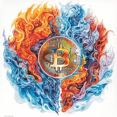 Wall Mural - A Bitcoin art, hot and cold. Generative AI.