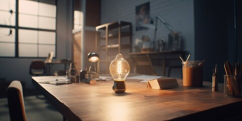 Business ideas concept with glowing light bulb in workplace. Generative Ai