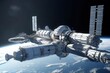 Space orbital base, refuel tanks, space shuttle, solar panels, huge white construction. Generative AI.