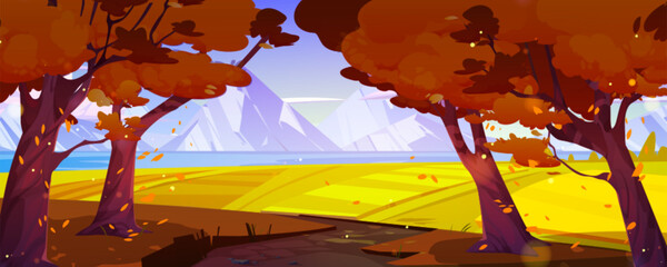 Wall Mural - Mountain valley autumn landscape with sandy road, forest, orange trees and fields. Nature scene with empty path and river, rocks on skyline, clouds in blue sky, vector cartoon illustration