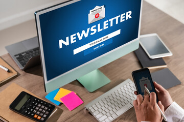 Poster - man signup page subscribe newsletter concept on tablet and smartphone screen on mobile