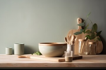 Canvas Print - wooden table setting with a bowl and two cups. Generative AI