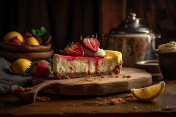 Wall Mural - Delicate Delicious Cheesecake with Lemon and Strawberry for Dessert, Created With Generative AI Illustration