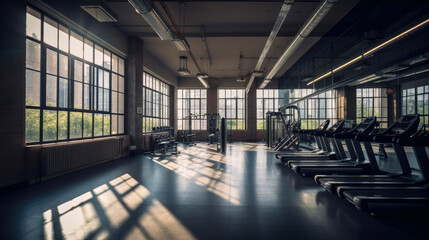 Canvas Print - Modern gym interior with fitness equipment and exercise machines. Sports hall with large windows. Generative AI