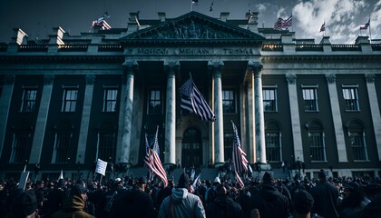 Protest at Government Building 3D Render: Depiction of a Demonstrative Gathering Created With Generative Ai

