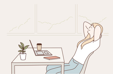 Wall Mural - calm smiling businesswoman relaxing at comfortable office chair hands behind head. hand drawn style 