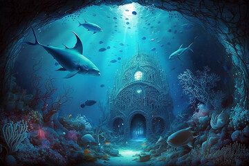 Beautiful underwater kingdom, a wonder and mystery under the sea. Generative ai illustration