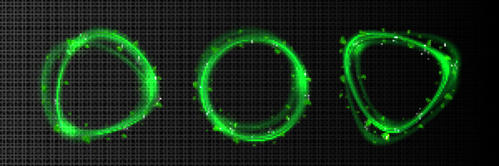 Green light effect circle frame with leaf neon vector set. Fresh energy portal with leaves around and glitter on black transparent background. Shine ring power motion swirl set. Eco line border.