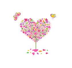 Poster - Funny abstract colorful tree in heart shape and flying butterflies for Valentine’s day, wedding, birthday, baby arrival, mother’s day greeting card and invitations on white background. Psychedelic con