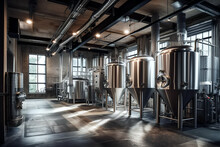 Interior Of Modern Craft Brewery With Beer Tanks. Generative AI Illustration