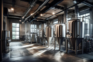 interior of modern craft brewery with beer tanks. Generative AI illustration