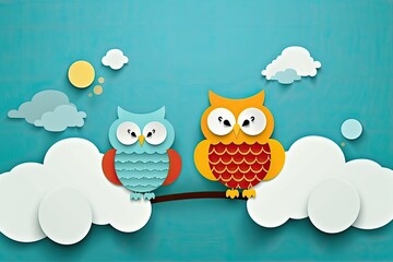 Wall Mural - two owls perched on a tree branch. Generative AI