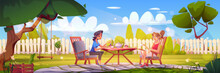 House Backyard With Garden, Fence And Table With Chairs. Summer Landscape Of Home Yard With Trees, Green Grass On Lawn And Women Drink Tea Sitting In Armchairs, Vector Cartoon Illustration