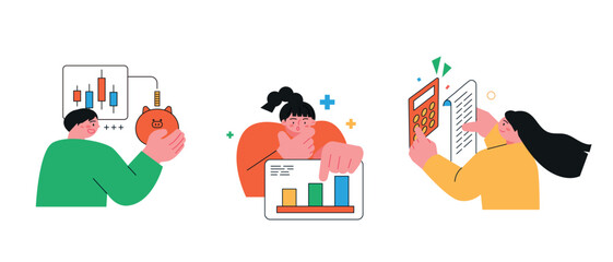 Finance and people, accounts for household economic growth, investment plan management. Data, planning, account book. Vector illustration.