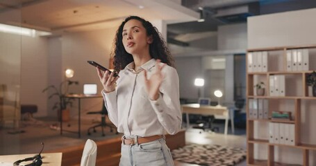 Sticker - Woman, loudspeaker and phone call in office for talking, conversation and voice app at night. Female worker, communication and mobile microphone for audio chat, contact connection and business speech