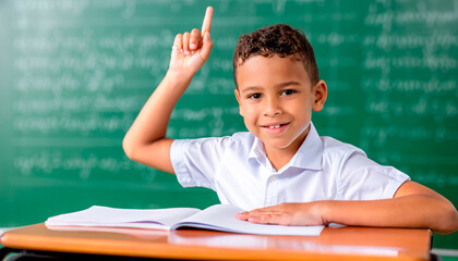 portrait of smart latino boy in classroom raising hand to answer a question blurred classroom backgr