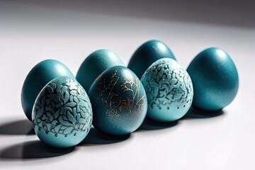 Canvas Print - row of vibrant blue eggs resting on a wooden table. Generative AI