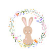 Happy Easter vector illustration. Trendy Easter design with wreath, bunny and spring flowers in soft colors for banner, poster, greeting card.