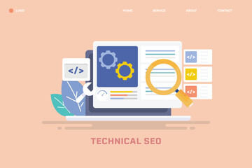 Web development technical SEO strategy, website optimization for search engine. Vector illustration.